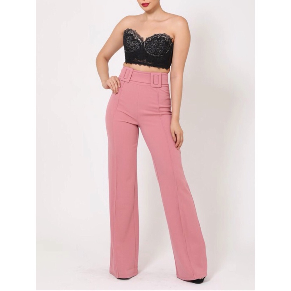 Mauve high waisted belted wide leg pants